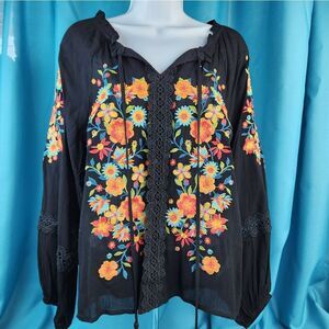 🔸️NWT Savanna Jane Black Gauzy Embroidered Floral Boho Top Small